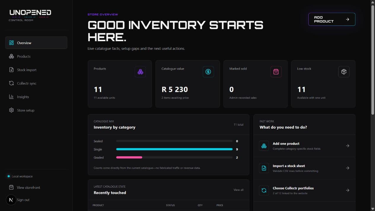 UNOPENED store overview showing live stock totals, catalogue value and inventory actions